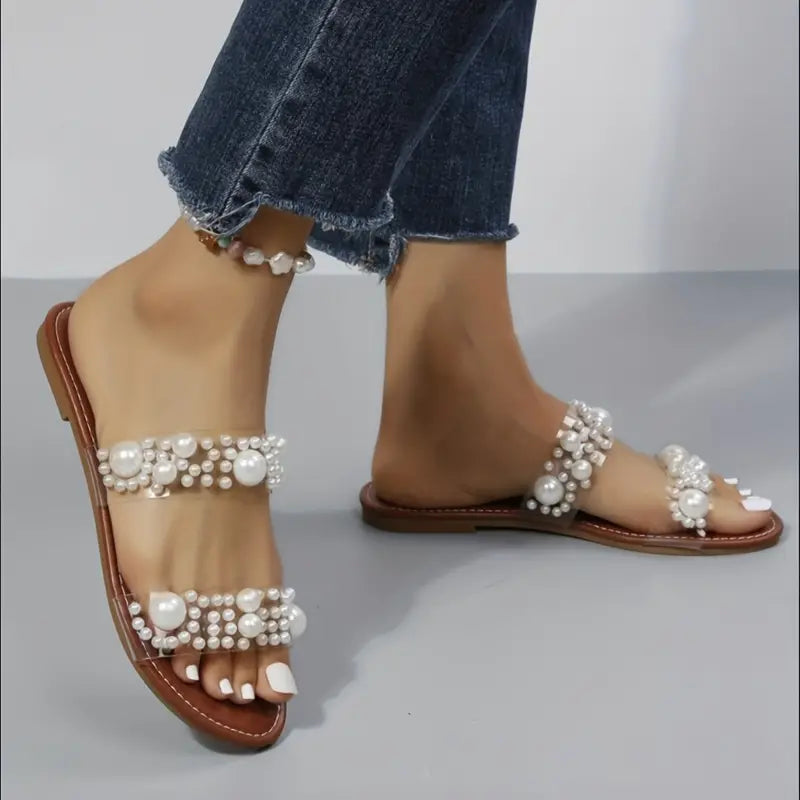 Large Summer Flat Sandals with Pearl Decoration