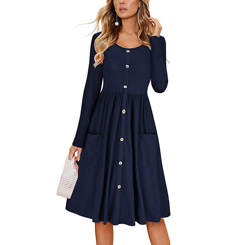 Solid Color Casual Dress with Elegant Button Detail