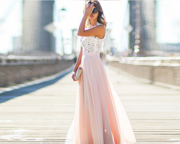 New Lace-Trimmed Chiffon Maxi Dress