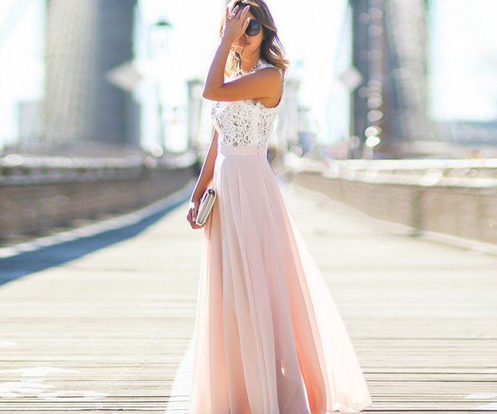 New Lace-Trimmed Chiffon Maxi Dress