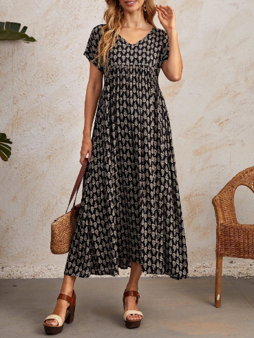 Original Design Women's Floral Maxi Dress with Tie Neck