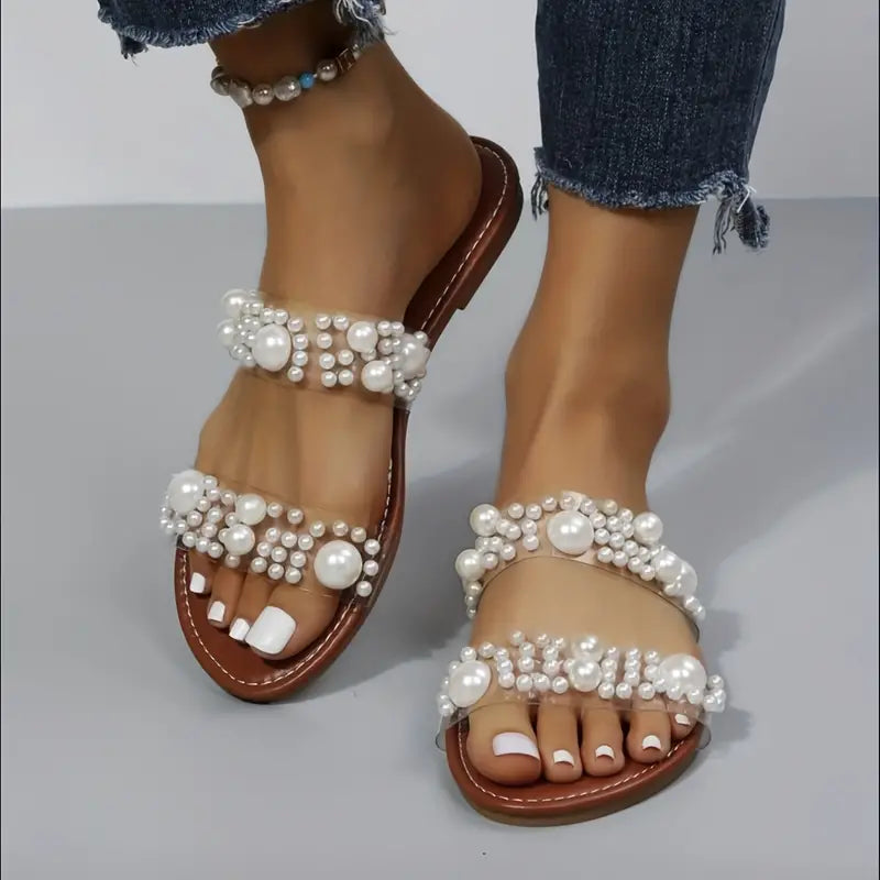 Large Summer Flat Sandals with Pearl Decoration