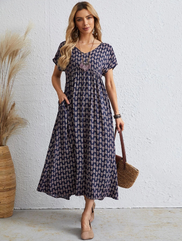Original Design Women's Floral Maxi Dress with Tie Neck