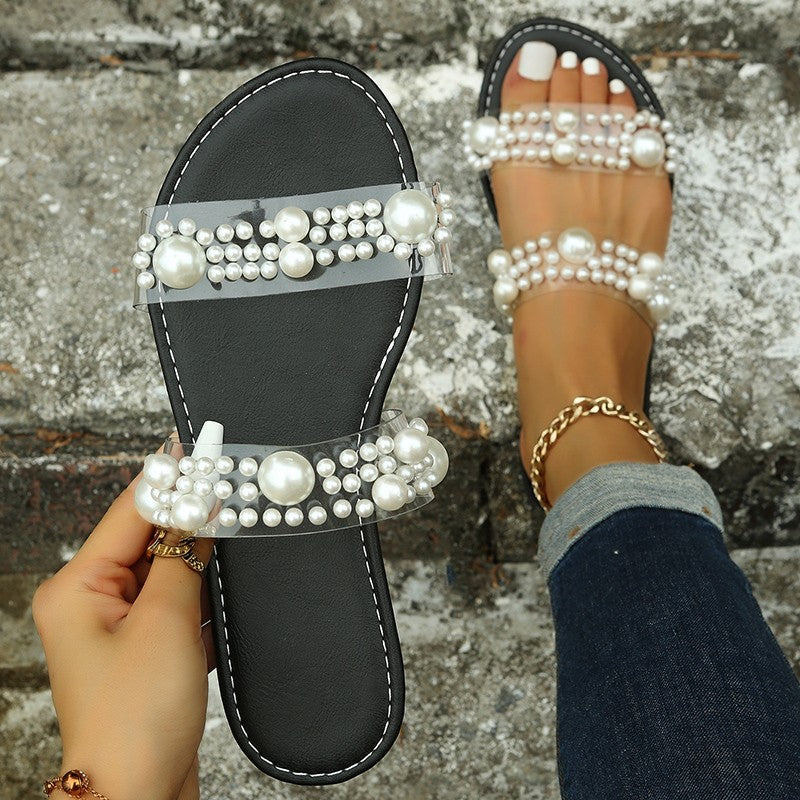 Large Summer Flat Sandals with Pearl Decoration