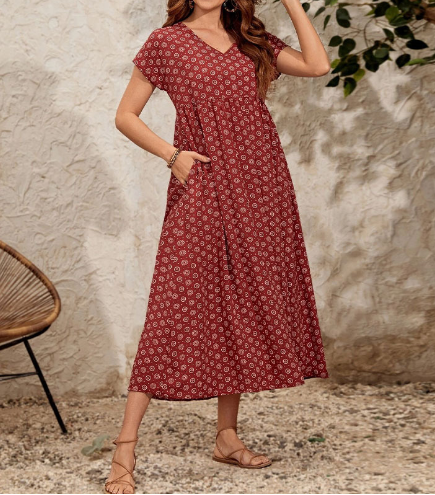 Original Design Women's Floral Maxi Dress with Tie Neck
