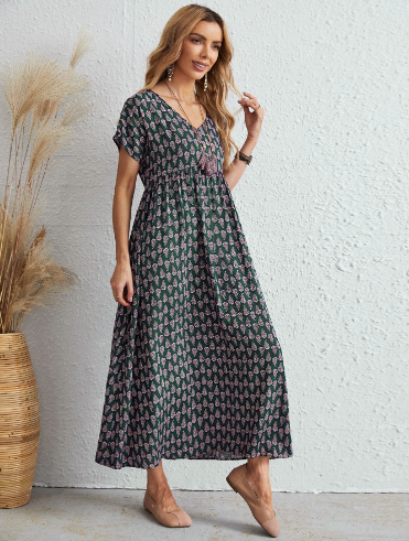 Original Design Women's Floral Maxi Dress with Tie Neck