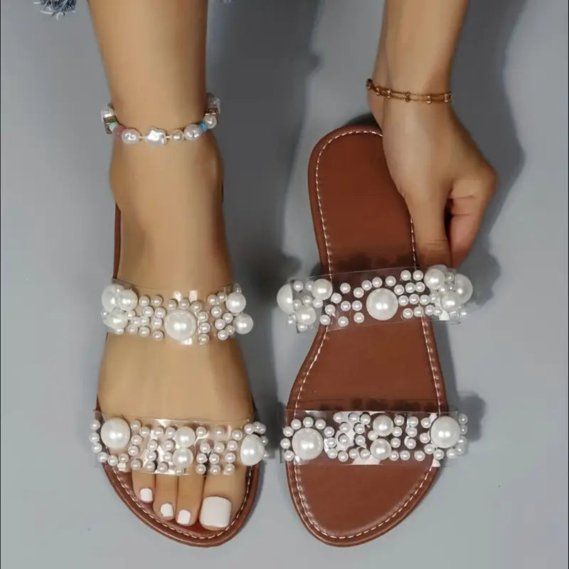 Large Summer Flat Sandals with Pearl Decoration