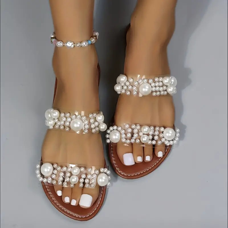 Large Summer Flat Sandals with Pearl Decoration