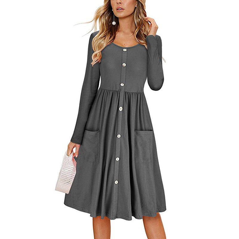 Solid Color Casual Dress with Elegant Button Detail