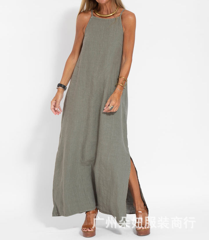 Casual Cotton & Linen Split Sling Dress for Women