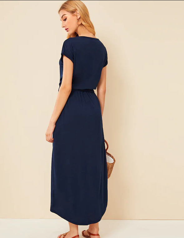 Women's Blue Multi-Button Split Maxi Dress
