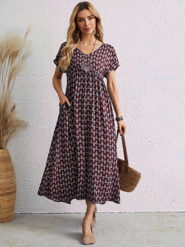 Original Design Women's Floral Maxi Dress with Tie Neck