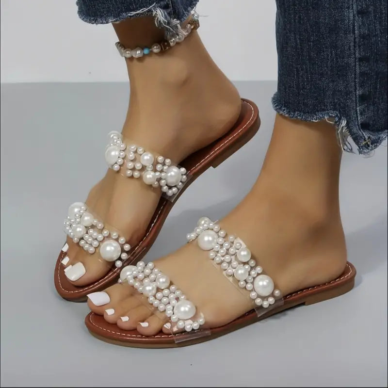 Large Summer Flat Sandals with Pearl Decoration