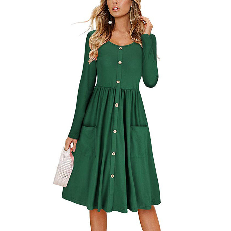 Solid Color Casual Dress with Elegant Button Detail