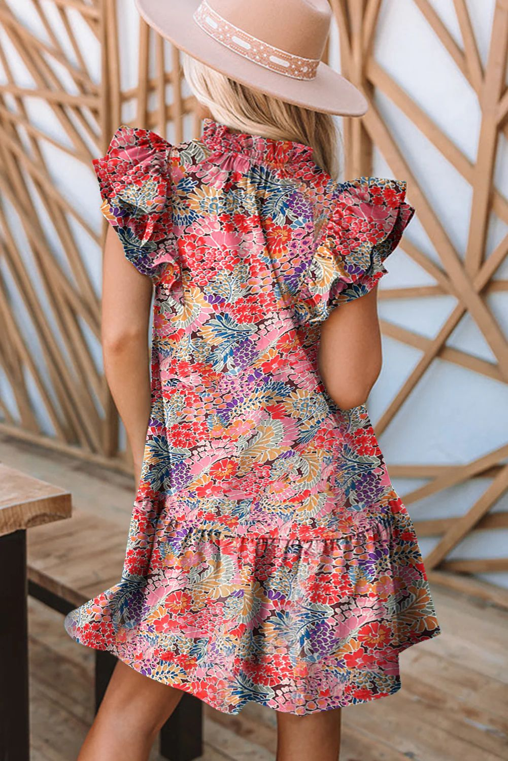 Floral V-Neck Shift Dress with Flounce Sleeves (One Piece)