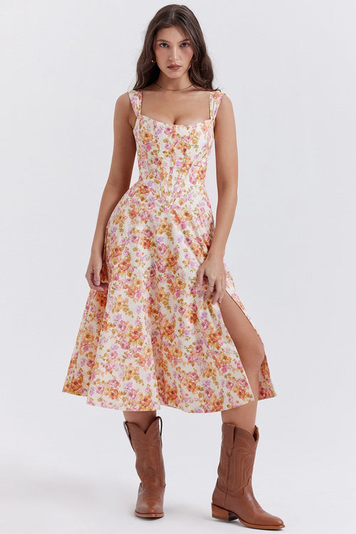 Floral Dress with Waist-Controlled Slimming Suspenders