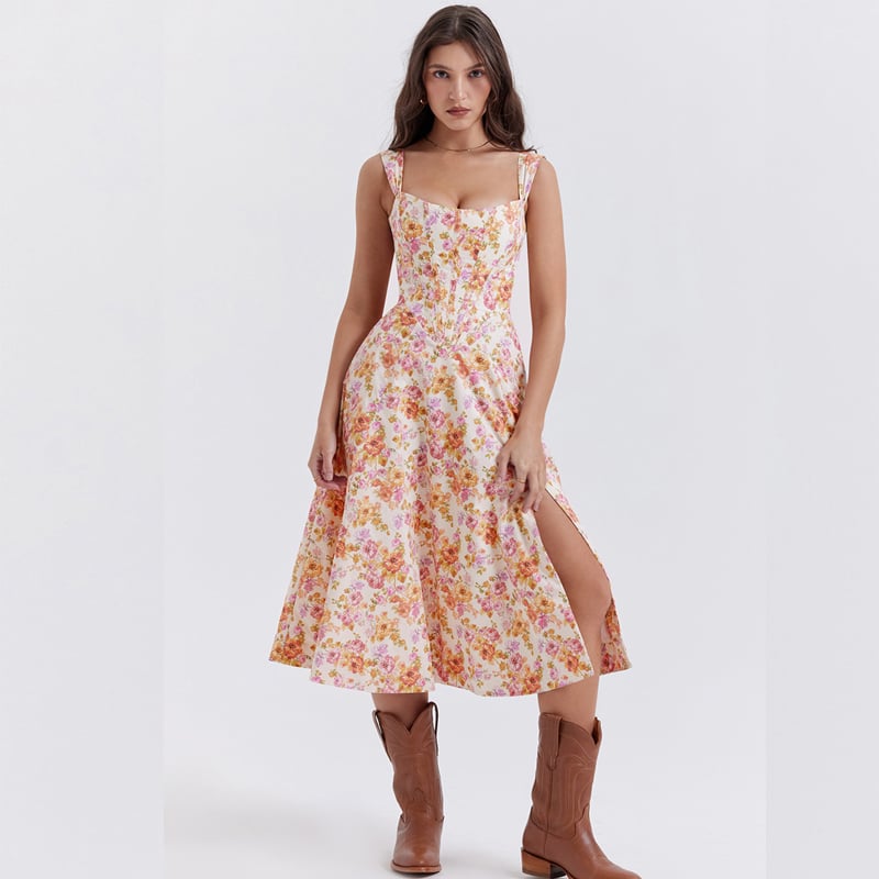 Floral Dress with Waist-Controlled Slimming Suspenders