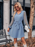Casual V-neck Solid Color Women's Dress with Tie Waist